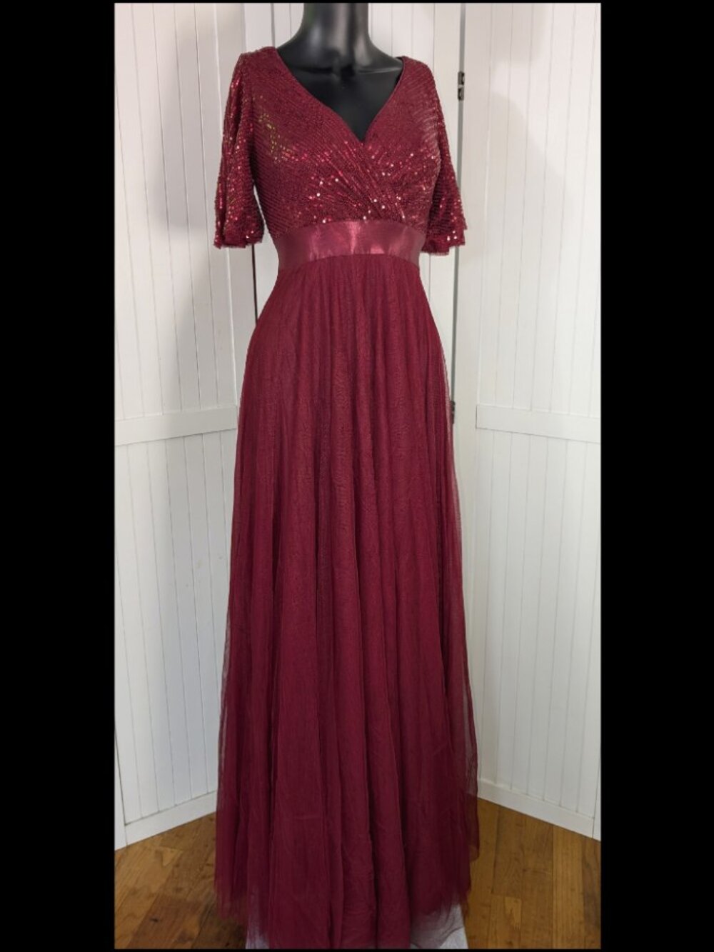 FAERIESTY Burgundy Sequin Maxi Dress XS Formal Tulle Evening Gown NWOT